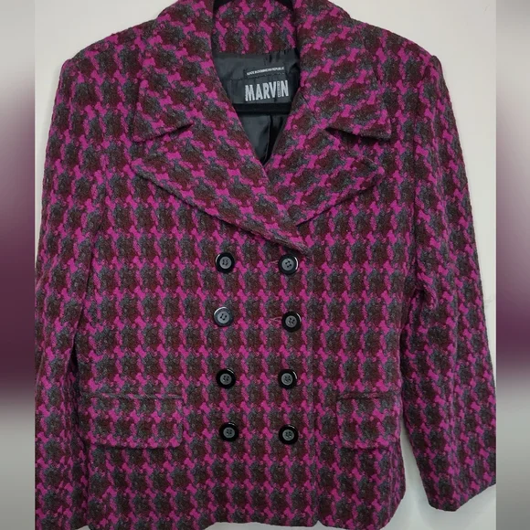 Marvin Richardson Vintage Women's Pink and Black Houndstooth Wool Coat M